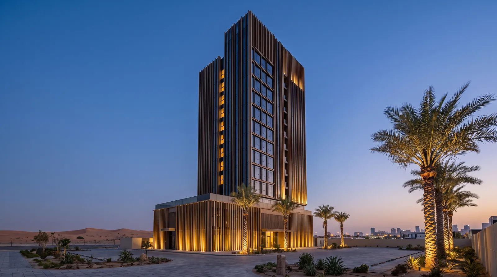 Contemporary residential tower in the UAE at dusk