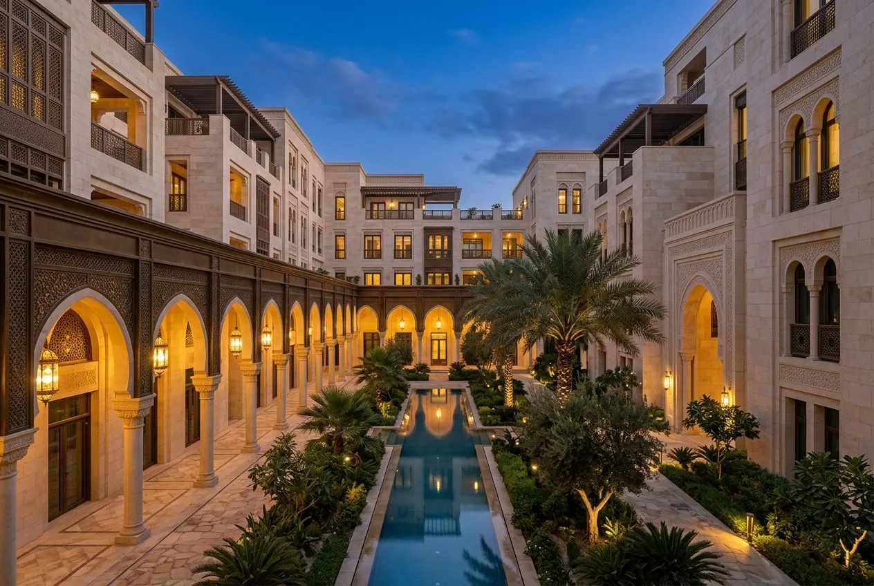 Concept study — retail court, Al Ain: low-rise around a courtyard